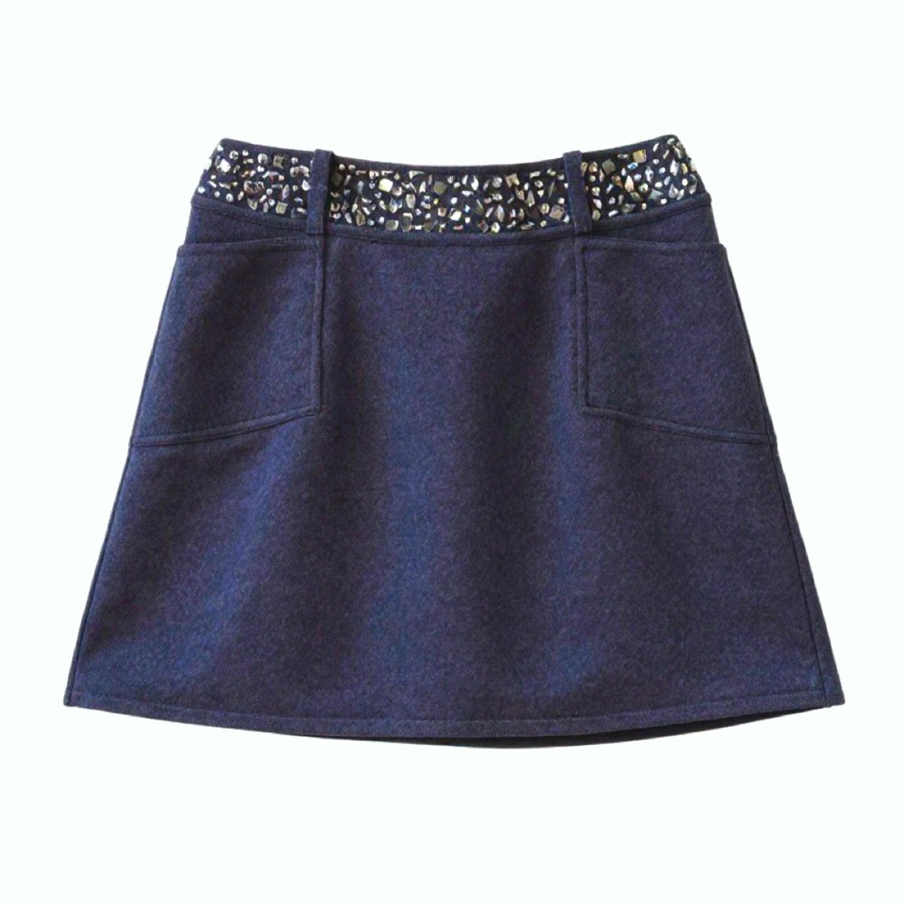 LOVE SEX MONEY Blue Mini Skirt with Silver Rhinestone Studs